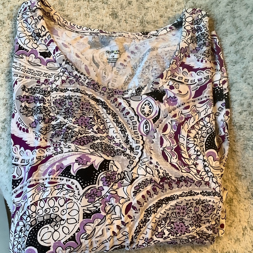 Style & Co Paisley Print Scoop Neck Top Purple Black RS Plus Size 1X
